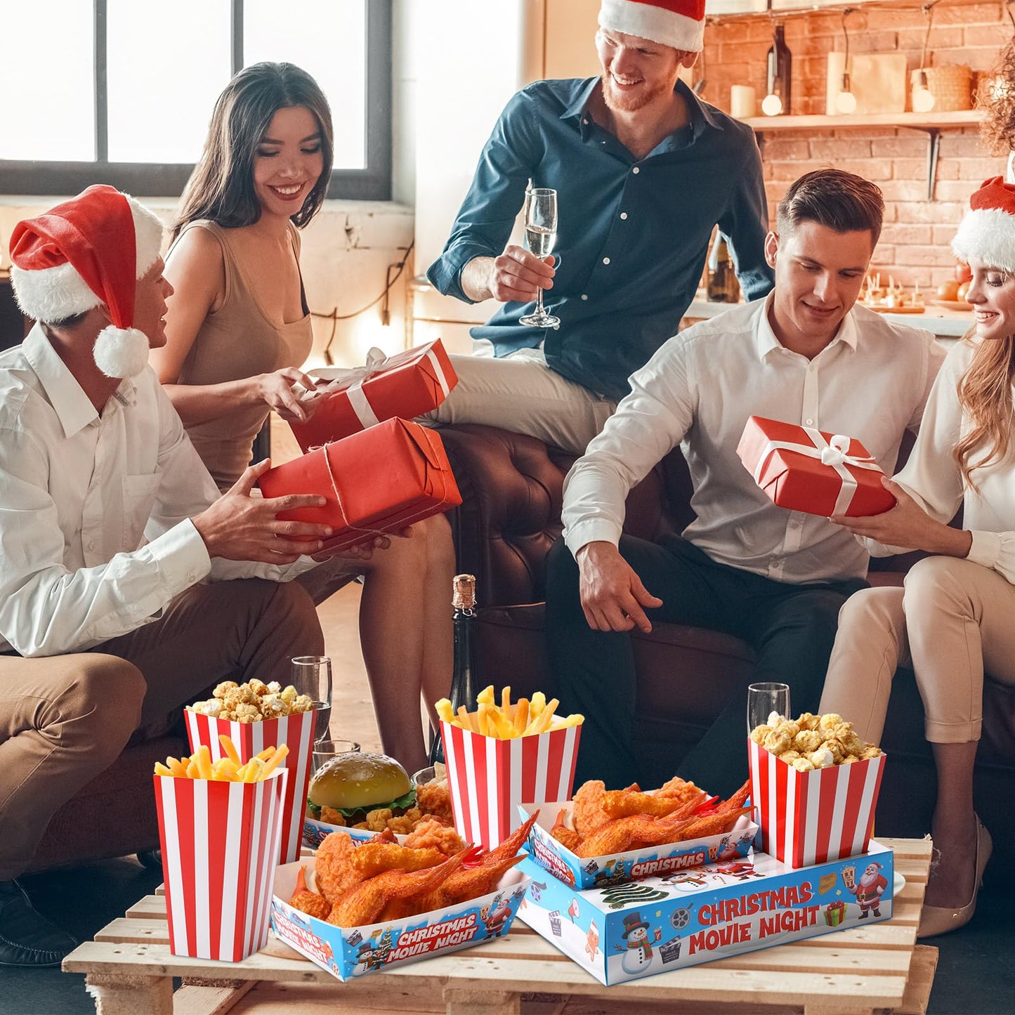 AmazingSpark 36 Sets Movie Night Snack Trays Popcorn Boxes Cardboard Popcorn Buckets Containers Food Trays for Theater Party Decorations (Christmas Movie Night)