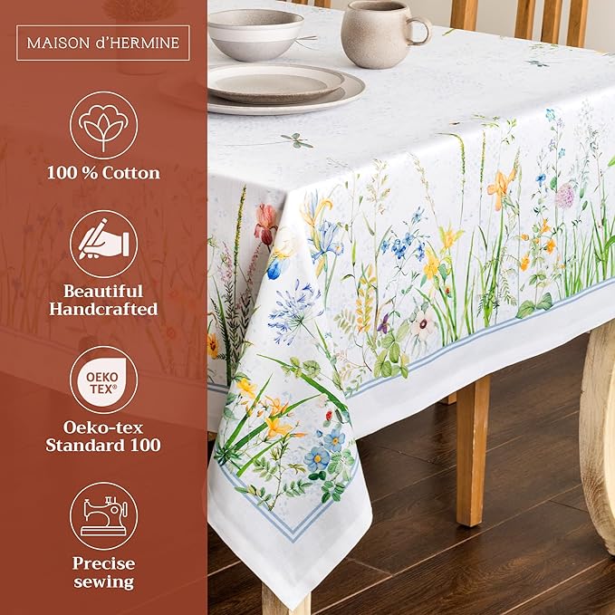 Maison d' Hermine Table Cloth Rectangle Table 100% Cotton 70 x 90 Inches Tablecloth Reusable Decorative for Dining Room, Farmhouse, Home, Party, Festive & Wedding Spring Summer - Fleurs De Mai