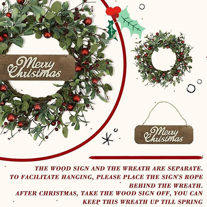 YNYLCHMX 20 Inch Christmas Wreath for Front Door, Winter Wreath with Welcome Sign Eucalyptus leaves Red Berry, Artificial Door Xmas Wreaths for Window Wall Fireplace Farmhouse Holiday Party Decoration