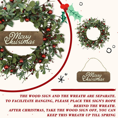 YNYLCHMX 20 Inch Christmas Wreath for Front Door, Winter Wreath with Welcome Sign Eucalyptus leaves Red Berry, Artificial Door Xmas Wreaths for Window Wall Fireplace Farmhouse Holiday Party Decoration