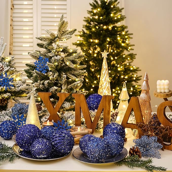 3.15" Christmas Ball Ornaments Glitter Shatterproof Christmas Tree Ornaments Sequin Xmas Hanging Balls Decorations for Wedding Party Holiday(Sapphire, 12pc-8cm)
