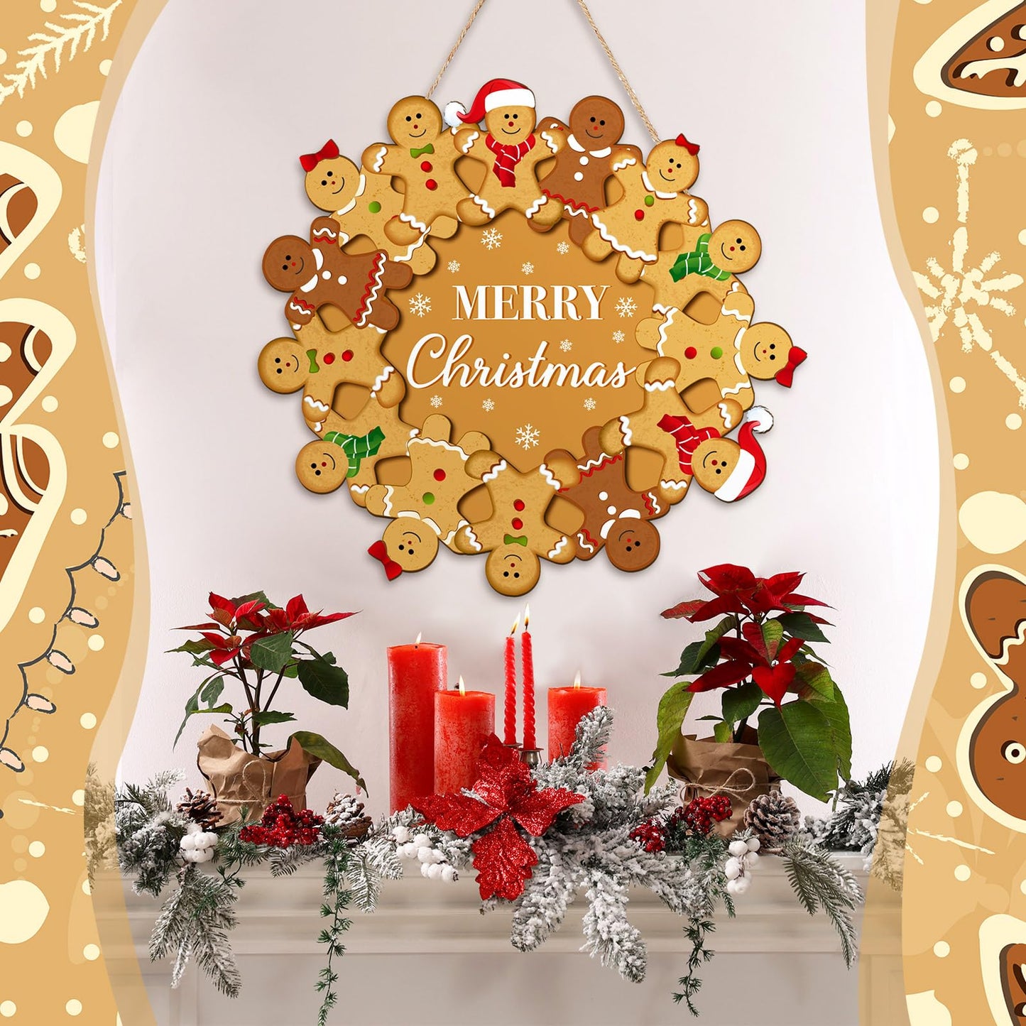 Yousoontic Merry Christmas Gingerbread Man Wreath, Wooden Gingerbread Man Front Door Hanging Sign for Holiday Xmas Indoor Outdoor Home Door/Wall Decor, 11.8 Inch
