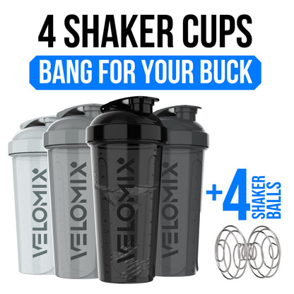 VELOMIX -4 Pack- 28 oz Protein Shaker Bottles for Protein Mixes - 4x Wire Whisk | Leak Proof Shaker Cups for Protein Shakes | Stackable Protein Shaker Bottle Pack (A1) Silver Aurora