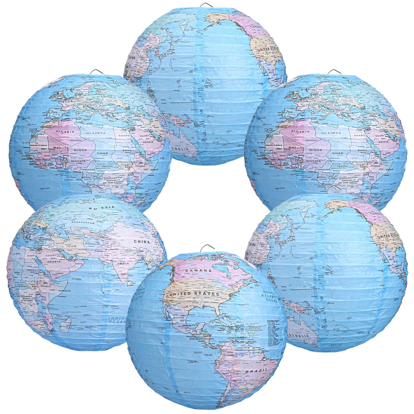 Globe Hanging Paper Lanterns, Around The World Earth Day Decorations, Travel Themed Paper Lanterns for Classroom Decorations Travel Party Decorations (12 inch, 6pcs)