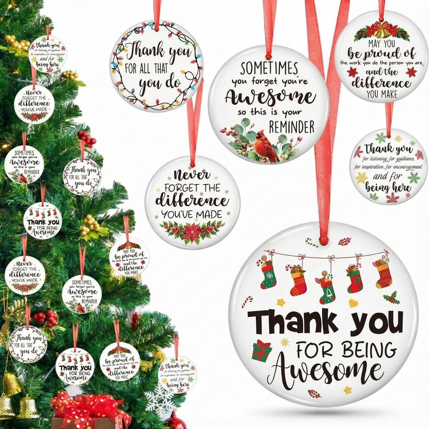 Barydat 24 Pcs Christmas Ornaments Employee Appreciation Gifts Bulk for Coworkers, Christmas Tree Ceramic Plaque Hanging Ornaments with Rope for Xmas Thanksgiving Teachers Nurses Gifts (Classic)