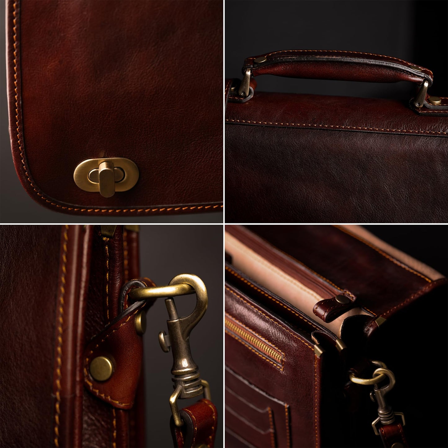 Time Resistance Leather Briefcase for Men - Italian Full Grain Leather Laptop Bag - Messenger Bag - Gift Box Included