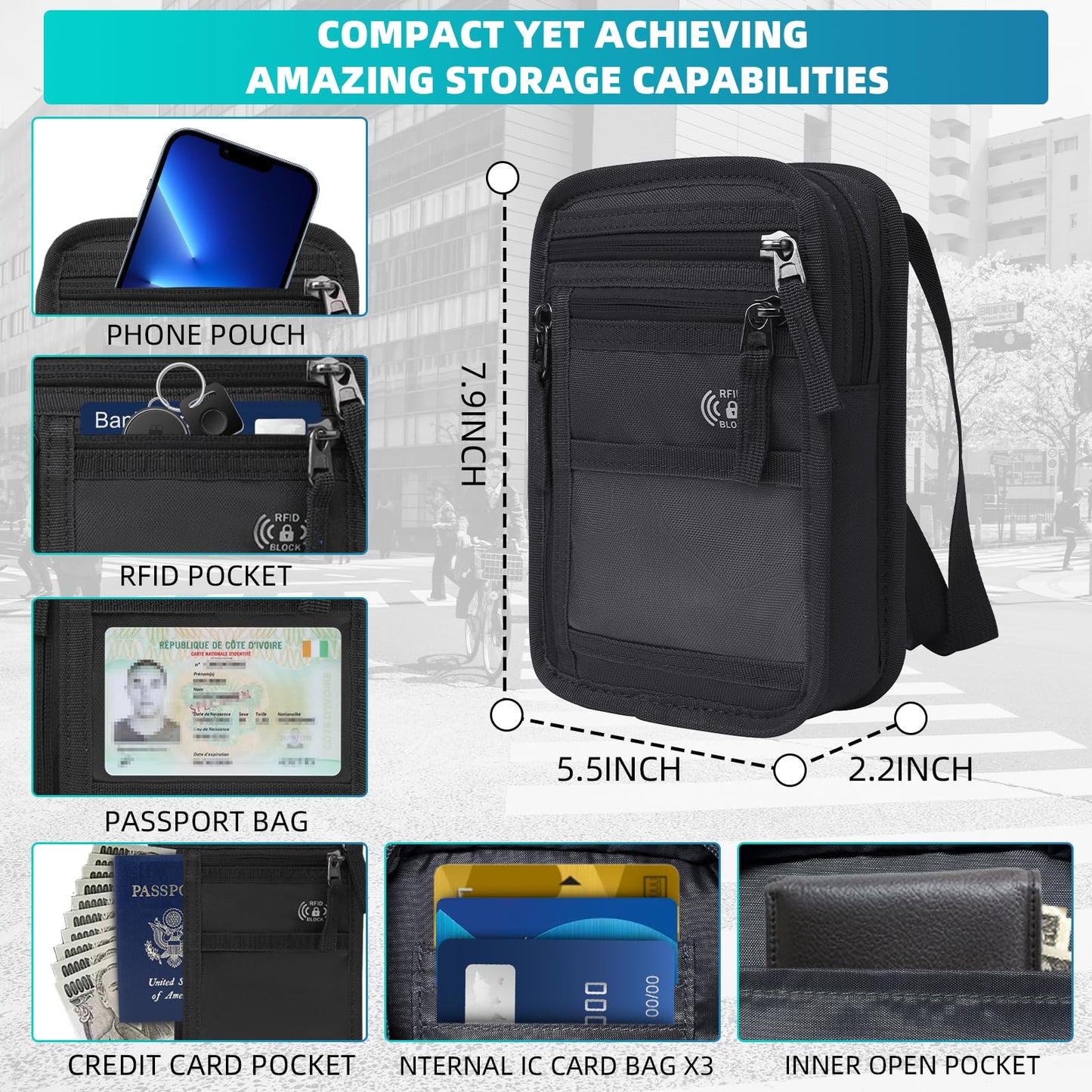 OPOALO RFID Neck Wallet for Travel, Passport Holder, Money Pouch, Black