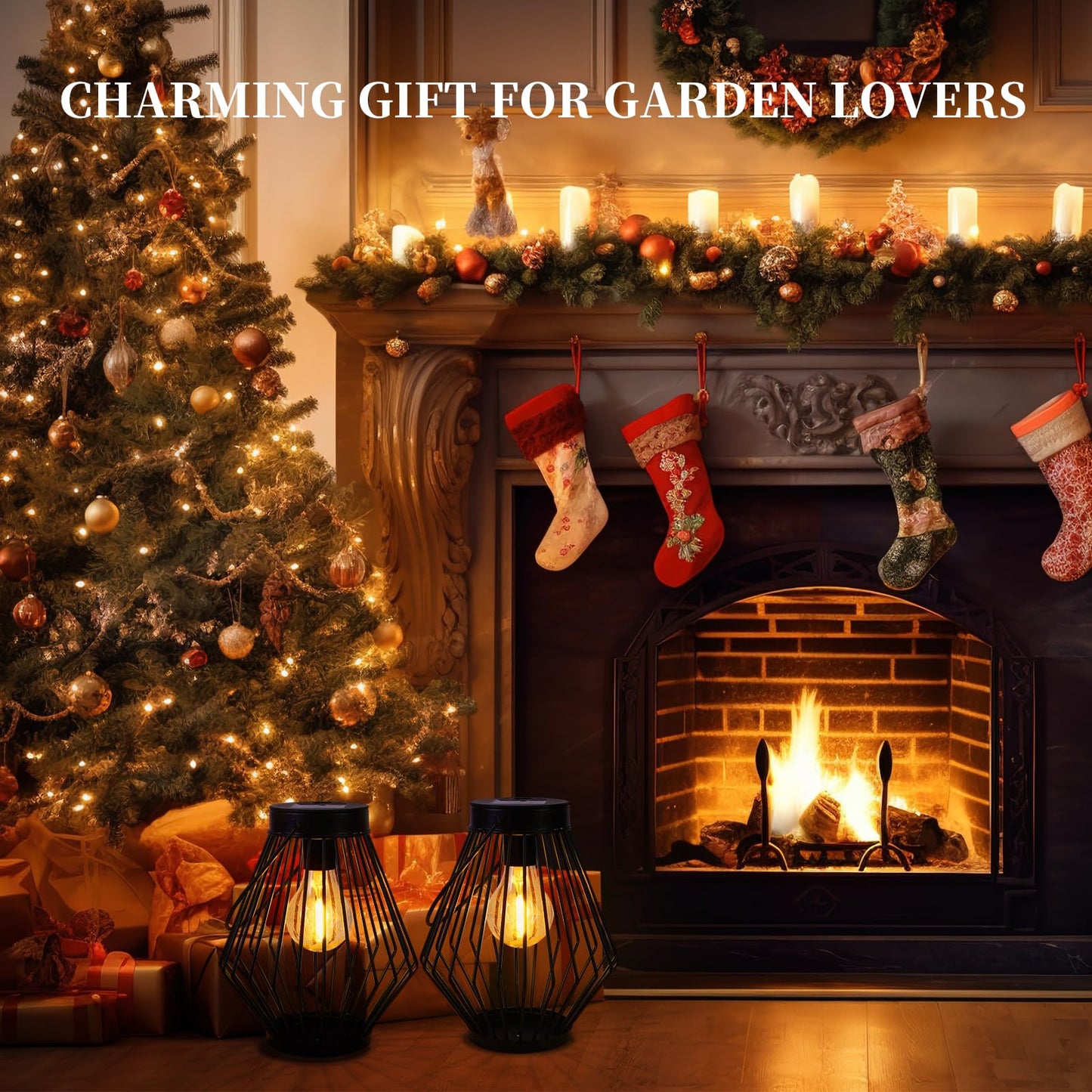 Solar Lanterns Outdoor Waterproof, 2 Pack Metal Decorative Hanging Lantern Lights with Warm White LED Bulb, Solar Powered Patio, Yard & Garden Decor, Ideal for Housewarming & Christmas Gifts