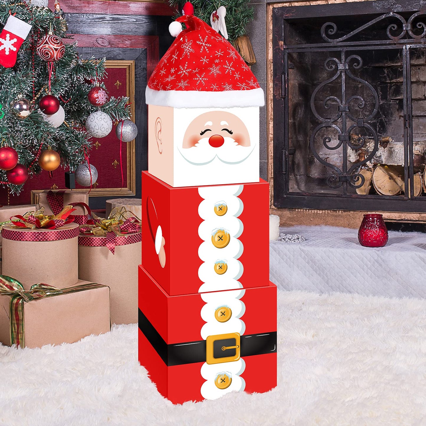 Marspark 4 Pieces Christmas Box Decoration Nesting Decorative Stackable Nesting Christmas Stacking Boxes(Santa)