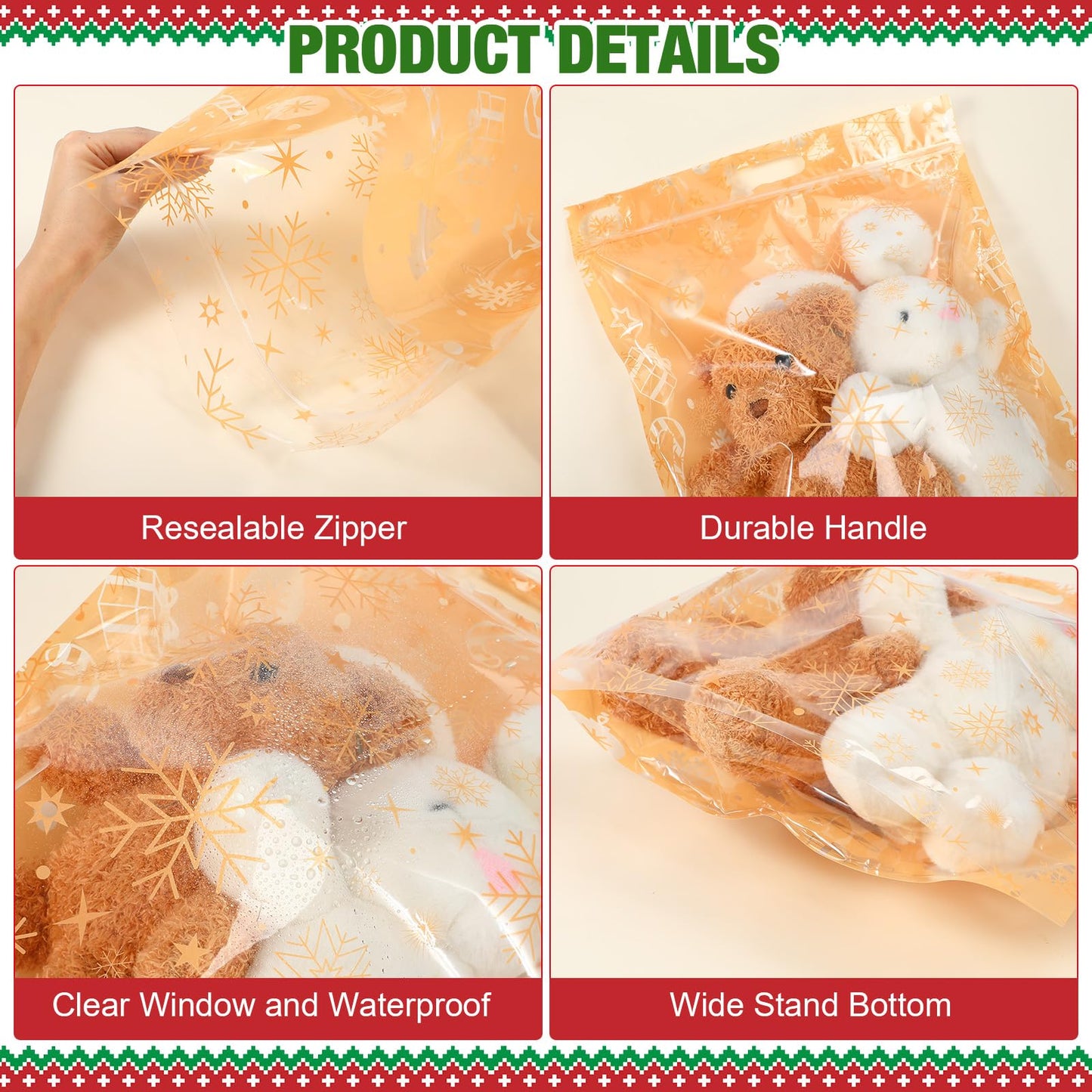 Fuutreo 10 Pcs Large Christmas Gift Bags 15.8x19.7 Inch Clear Christmas Plastic Bags Candy Cane Snowflake Treat Pouches with Handles for Winter Xmas Holiday Gift Candy Wrap Supplies Decoration