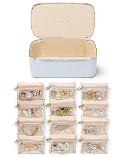 Vlando Jewelry Travel Case,Travel Jewelry Organizer with Clear Velvet Jewelry Bags 12Pcs Zipper Pouch for Women Girls-Baby Blue
