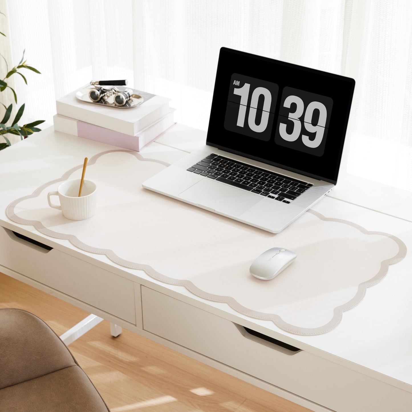Ohocut Scalloped Desk Mat, 31.5" x 15.7" Large Cute Beige Khaki Aesthetic Desk Accessories, PU Leather Computer Laptop Desk Mat Mouse Keyboard Pad, Desk Writing Makeup Mat for Vanity/Work/Home Decor
