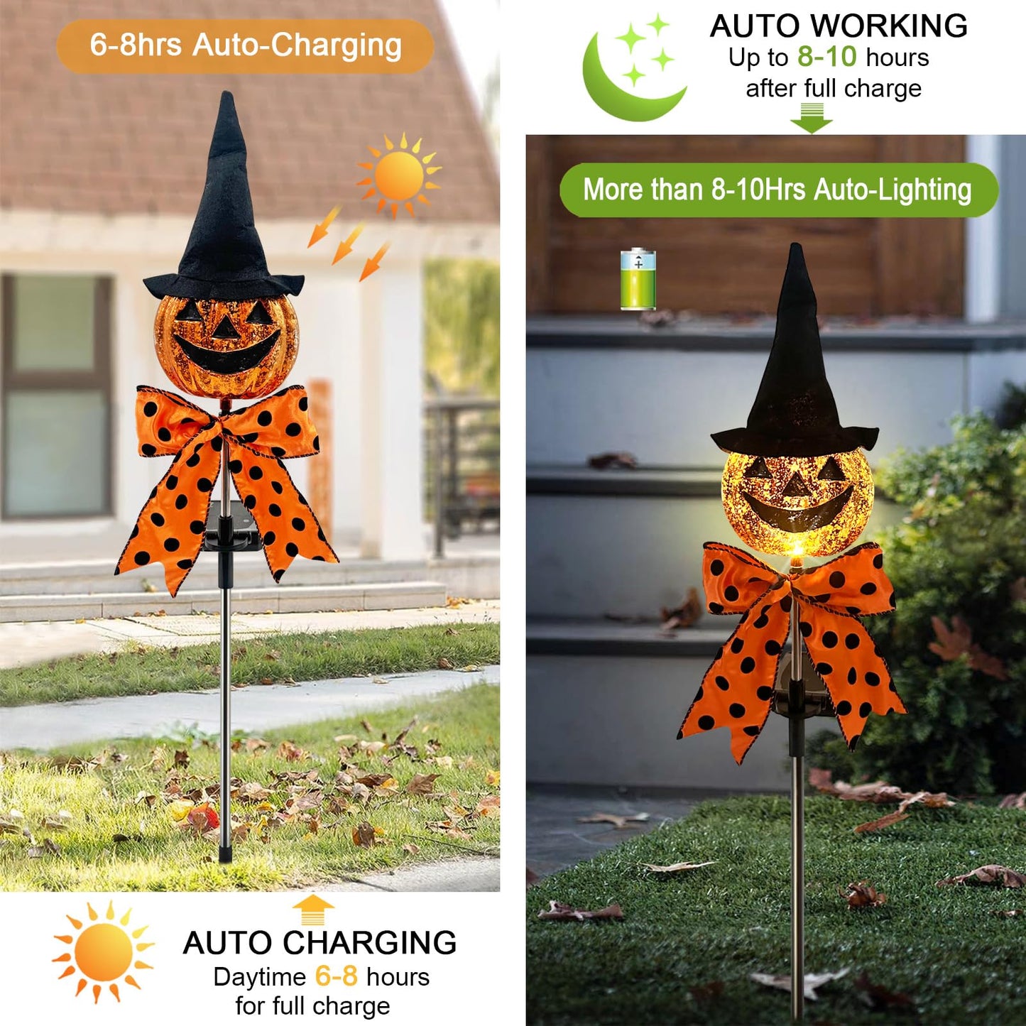 2Pack Halloween Pumpkin Solar Stake,Jack'O Outdoor Pathway Decorations for Yard,Lawn,Garden,Powered Lights for Halloween Decor