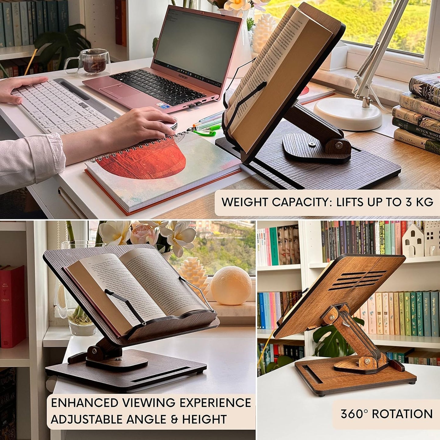 Vigo Wood Book Stand for Reading 360° Adjustable, Wooden Laptop Stand, Cookbooks Holder, Music Scores, Featuring Multi-Height Angles and Foldable Design with Page Clips.