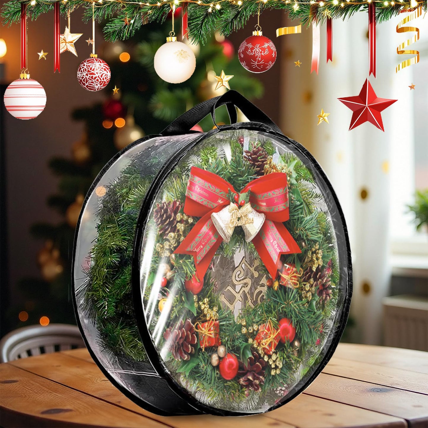 YAYODS 4 Pack Wreath Storage Container Bag 30 Inch Christmas Wreath Storage Bag Heavy Duty Christmas Wreath Boxes with Clear Window for Xmas Holiday Seasonal Wreath Garland (Black)