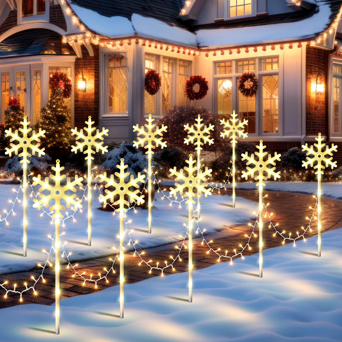ElectricWise 10 Pcs Christmas Snowflake Pathway Stake Lights for Outdoor Yard, 370 Bright LEDs Waterproof Large Christmas Snowflake Light Decoration for Garden Lawn Driveway Walkway Decor (Warm White)