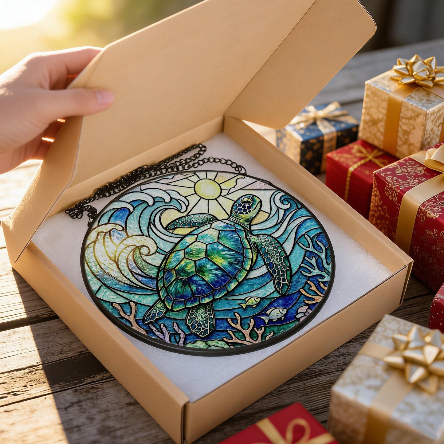 Stained Glass Window Hanging, 7.8 Inch Sea Turtle Stained Glass Suncatcher, Ocean Wave Window Hanging Ornament, Coastal Beach Decor, Sea Turtle Gifts for Ocean Lovers, Nature Lovers & Beach House