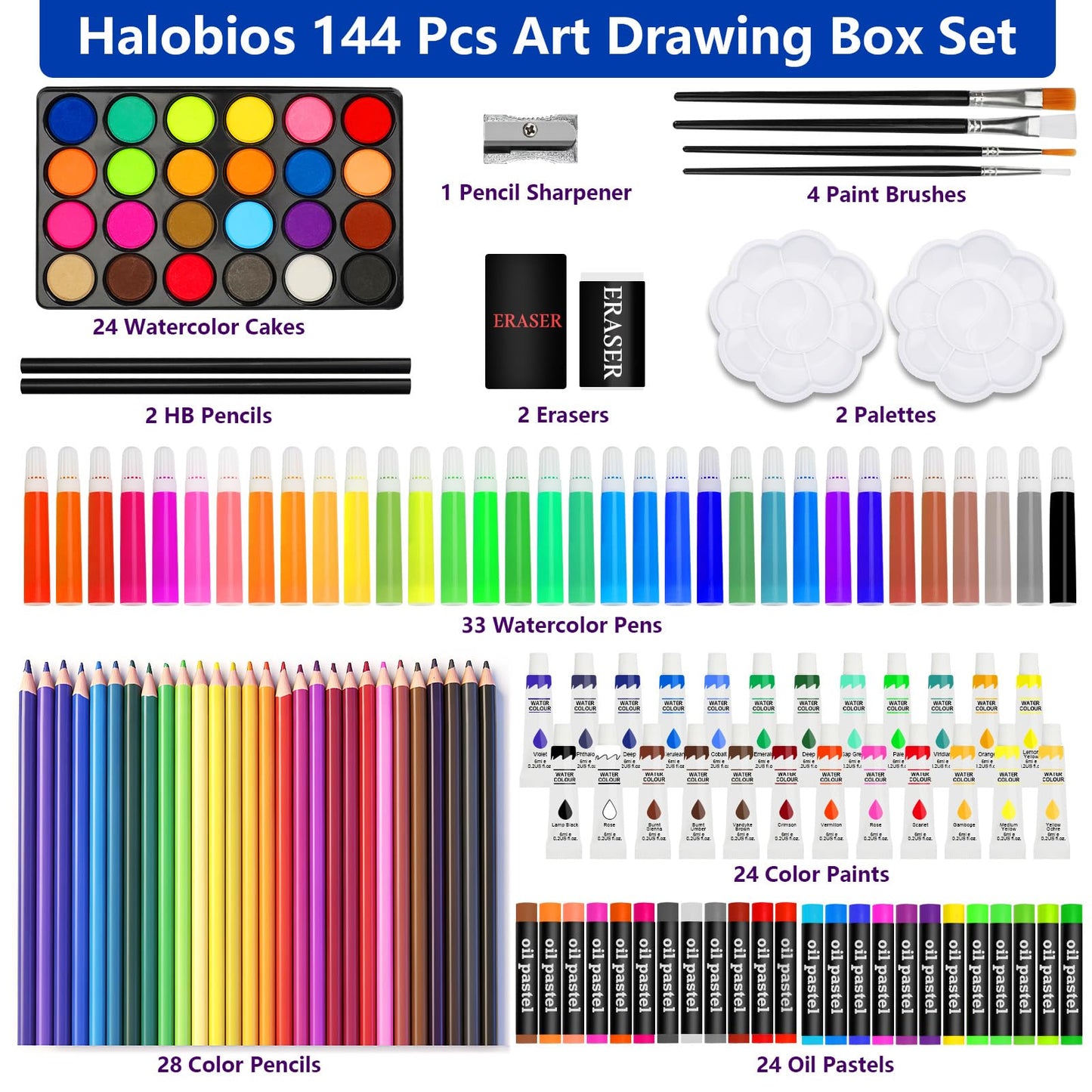 Halobios Art Supplies, 144-Piece Deluxe Art Set Professional Art Kit with Portable Aluminum Case, Crafts Drawing Painting Kit for Gifts Adults Kids Artists