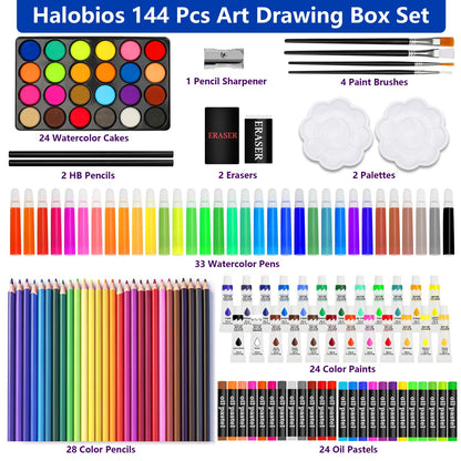 Halobios Art Supplies, 144-Piece Deluxe Art Set Professional Art Kit with Portable Aluminum Case, Crafts Drawing Painting Kit for Gifts Adults Kids Artists