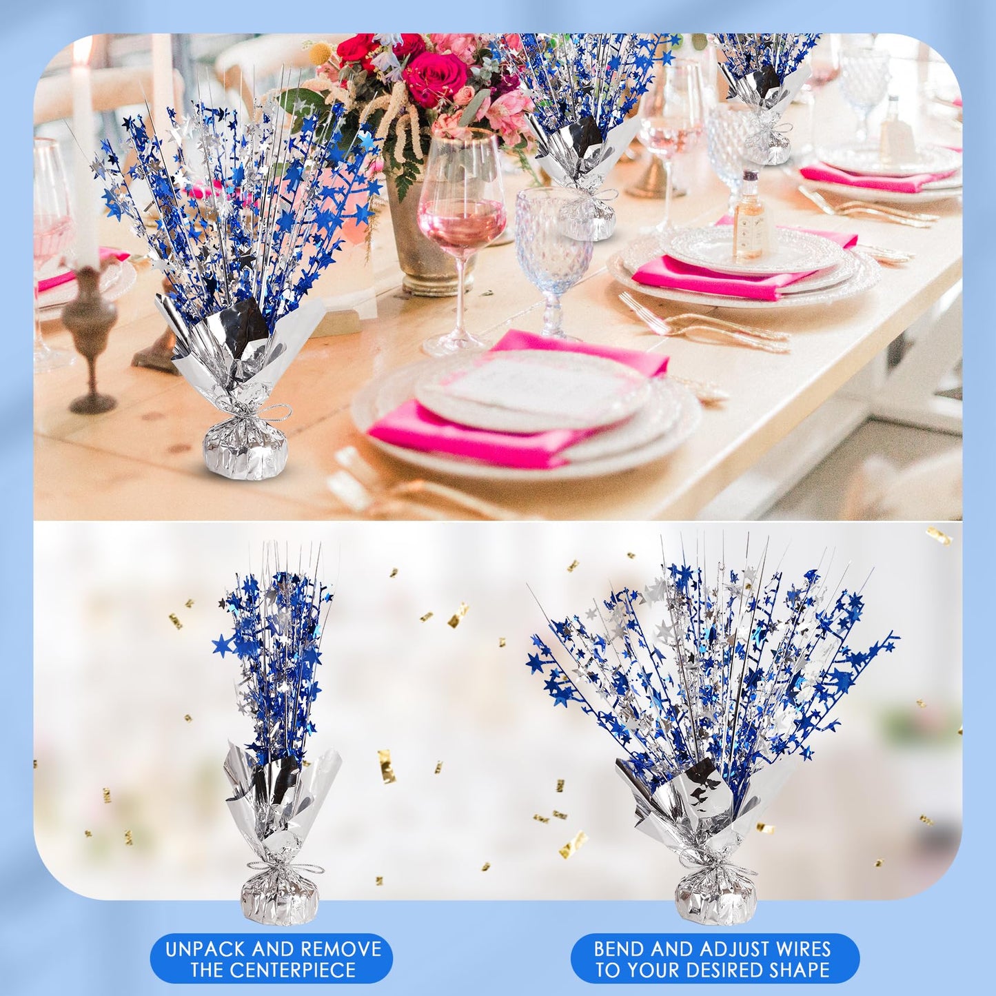 6 Pack Metallic Foil Spary Centerpieces for Tables, Silver Navy Blue Centerpieces for Tables Decorations, Star Brust Table Centerpieces for Birthday Graduation Wedding Baby Shower Party