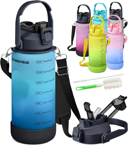 EnergyBud 1/2 Gallon Water Bottle with 74.3 oz Capacity - Motivational Time Markers for Daily Hydration Goals - Leakproof BPA Free Tritan with Removable Straw