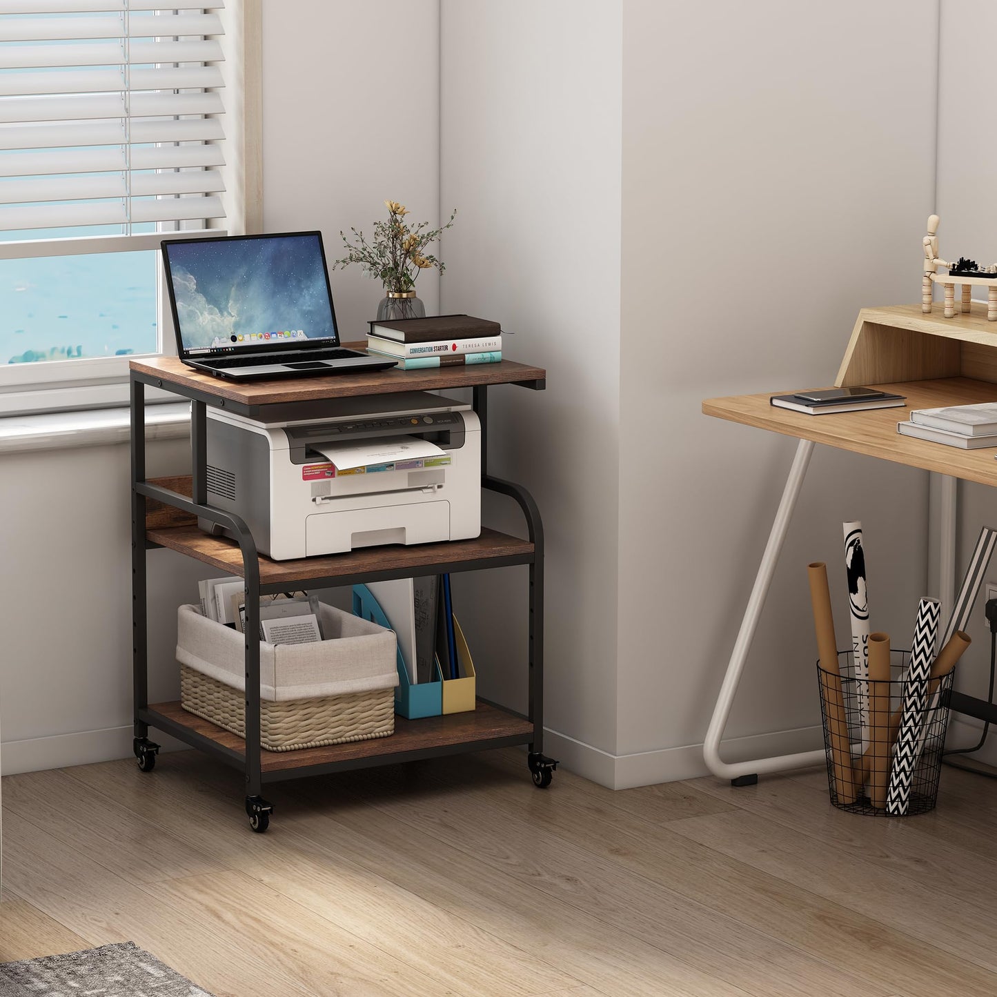 Fannova Large Printer Stand with Adjustable Storage Shelf, 3 Tier Printer Cart with Wheels for Home Office Organization, Rolling Table Stand for Heat Press Mini Fridge, Industrial Style