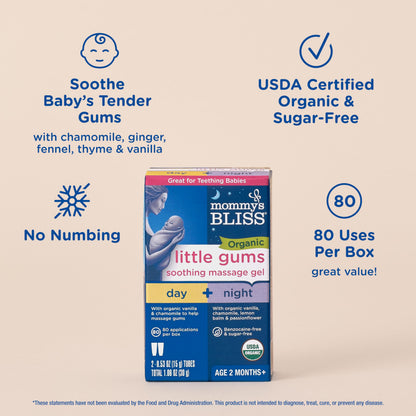 Mommy's Bliss Organic Little Gums Soothing Massage Gel Day and Night Combo, Great for Teething Babies, Age 2 Months+, Sugar Free, Mild & Sweet Flavor, 2 - 0.53 Oz Tubes (Pack of 1)