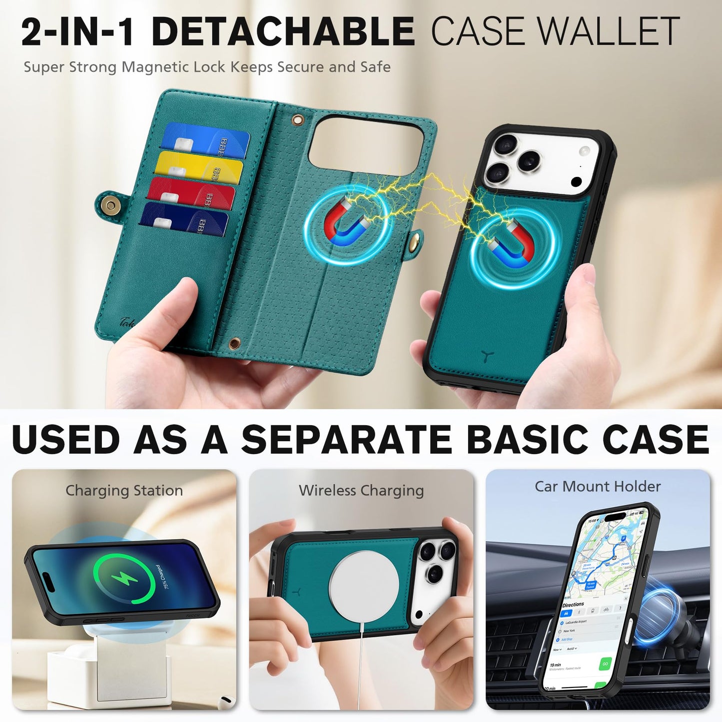 TUCCH Detachable Crossbody Wallet Case for iPhone 17 Pro Max (6.9"), 10 Card Slots RFID Blocking | Lanyard Wrist Strap | Wireless Charging | Zipper Pocket | PU Leather Stand Flip Cover | Bluish Green