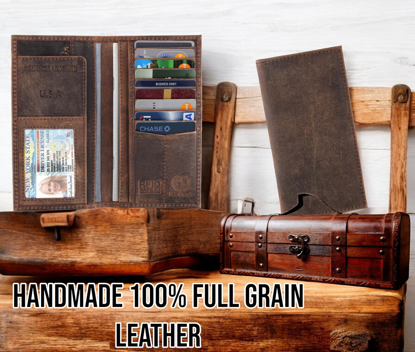 F&L CLASSIC Men's RFID Vintage Look Genuine Leather Long Bifold Wallet Checkbook Wallets,buffalo vintage leather