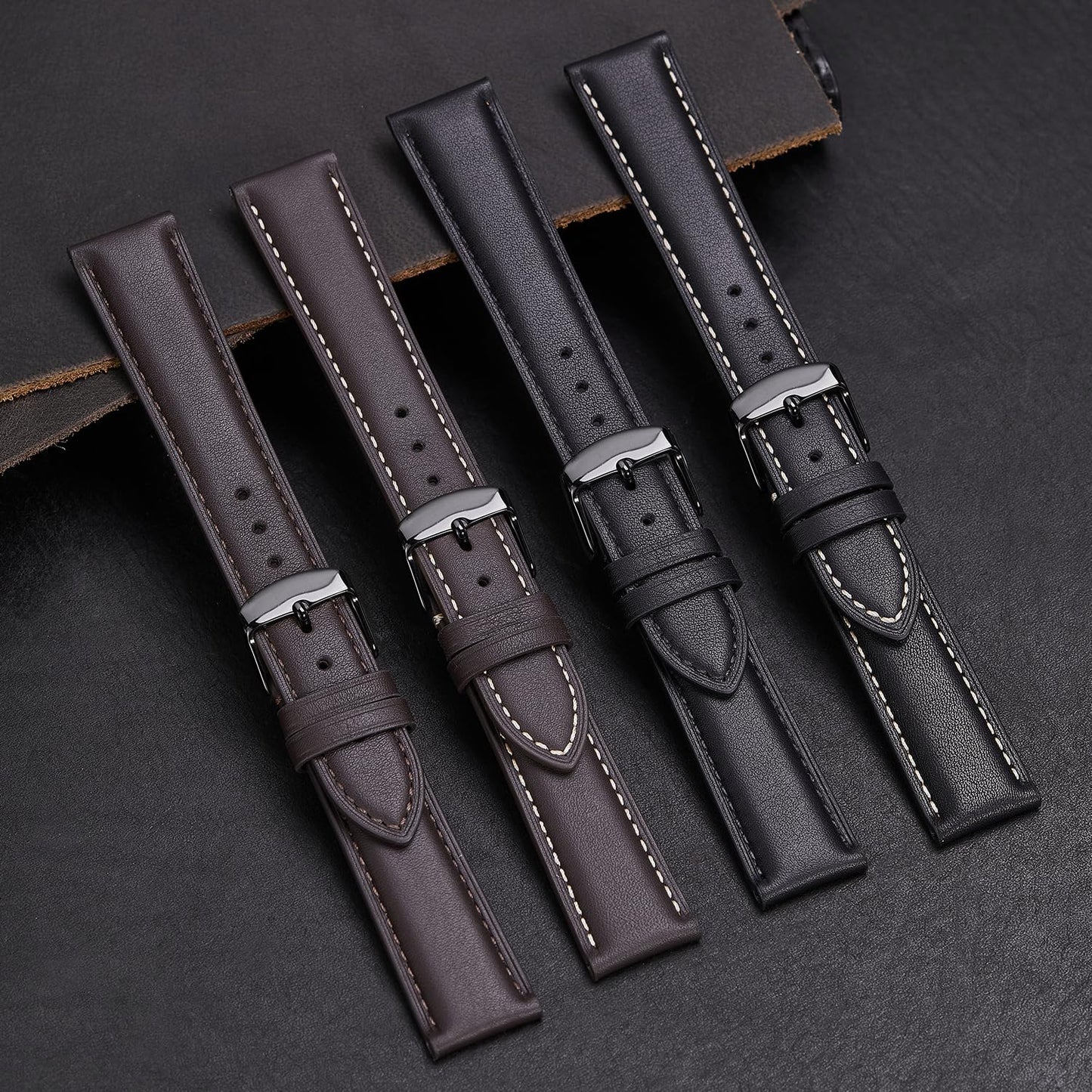 Afany Leather Watch Band 18mm for Men and Women, Quick Release Watch Strap, Black Replacement Watchband