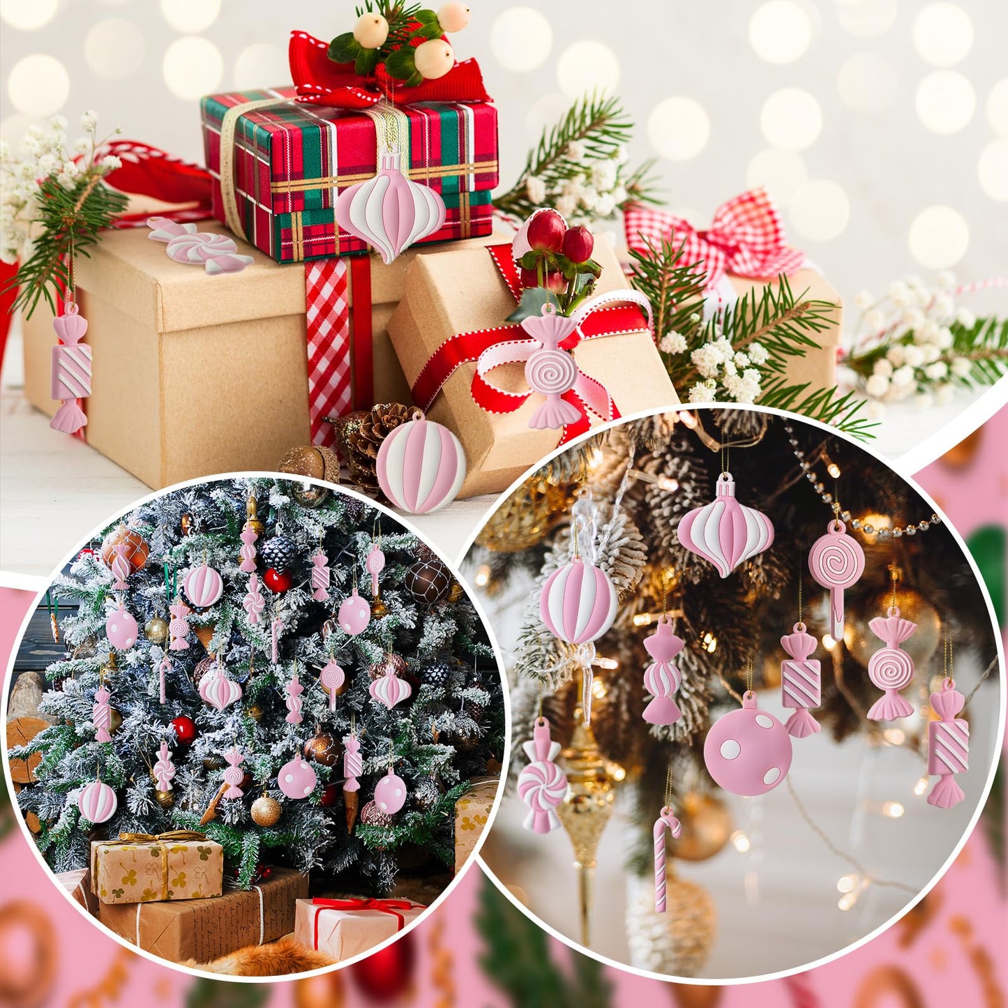 Panelee 20 Pcs Christmas Candy Tree Ornaments PVC Christmas Candy Cane Lollipop Ornament Xmas Hanging Decors Birthday Party Decoration Crafts for Holiday Xmas Tree Party (Pink and White)