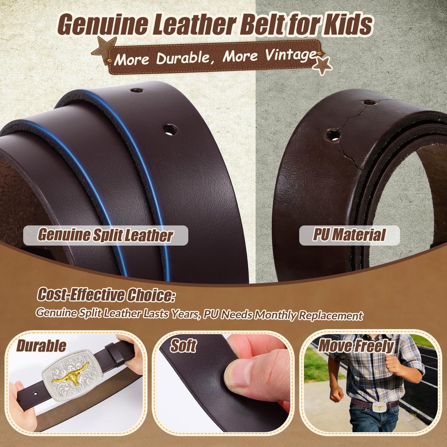 JKEEMI Kids Western Belt, Boys Girls Cowboy Belt for Kids with Detachable Square Buckle and Genuine Leather for Jeans Gifts