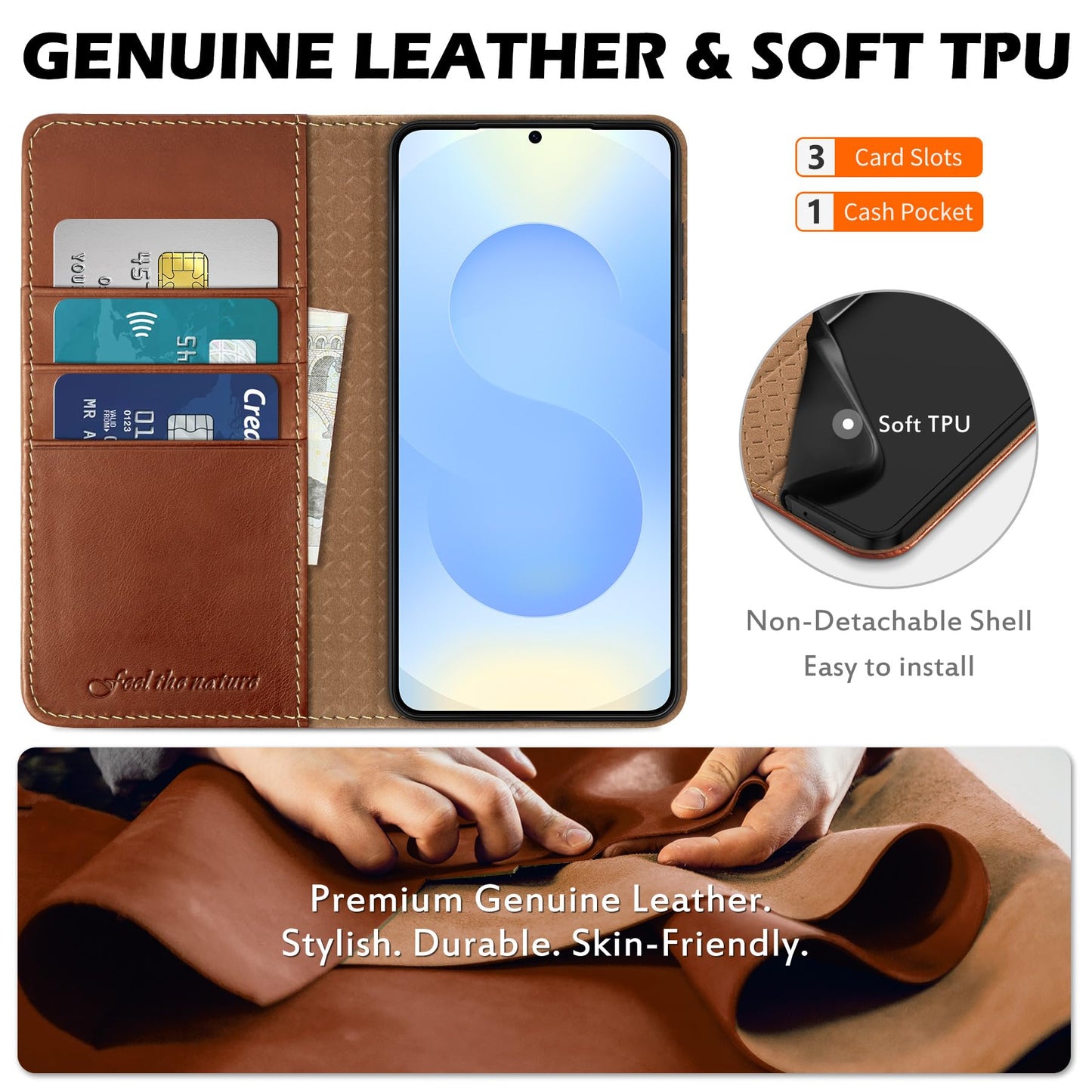 SHIELDON Genuine Leather Wallet Case for Galaxy S25 6.2" 2025, Retro Brown