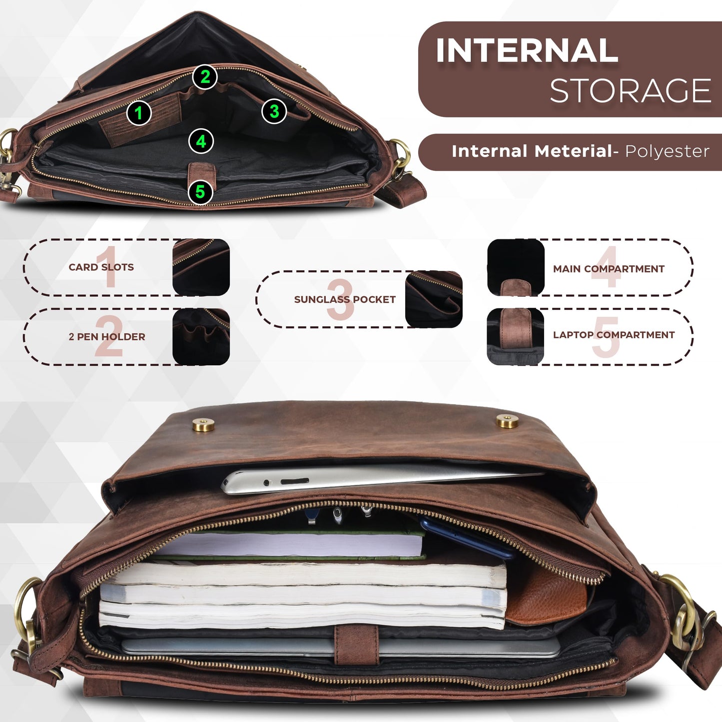 Oak Leathers Leather Messenger Bag for Men and Women - Laptop Briefcase Bag For College, Office, Adjustable Shoulder Strap (Wood)