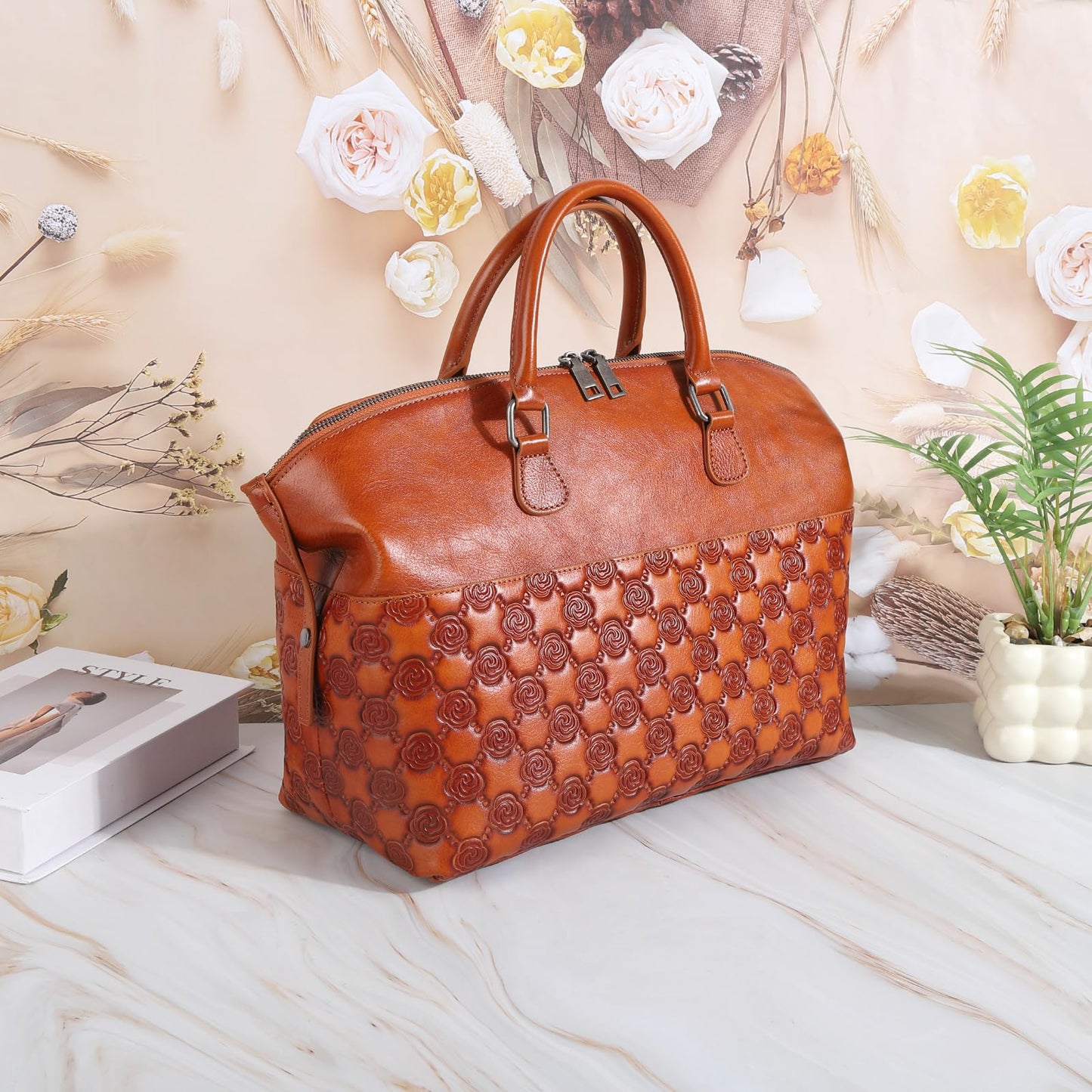 Genuine Leather Handbags for Women Satchel Tote Bags Top Handle Bags (5593-rose brown)