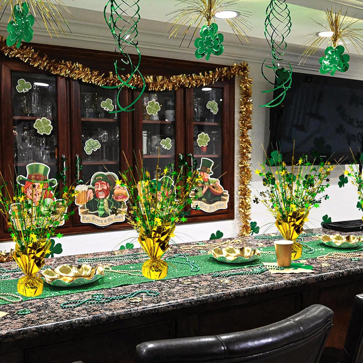 FUBININA 6 Pc St. Patrick's Day Party Decoration Metallic Foil Spray Centerpieces Star Burst Tabletop Decor for Irish St Patty's Day Jungle Animal Birthday Holiday Graduation Hawaiian Party Green Gold
