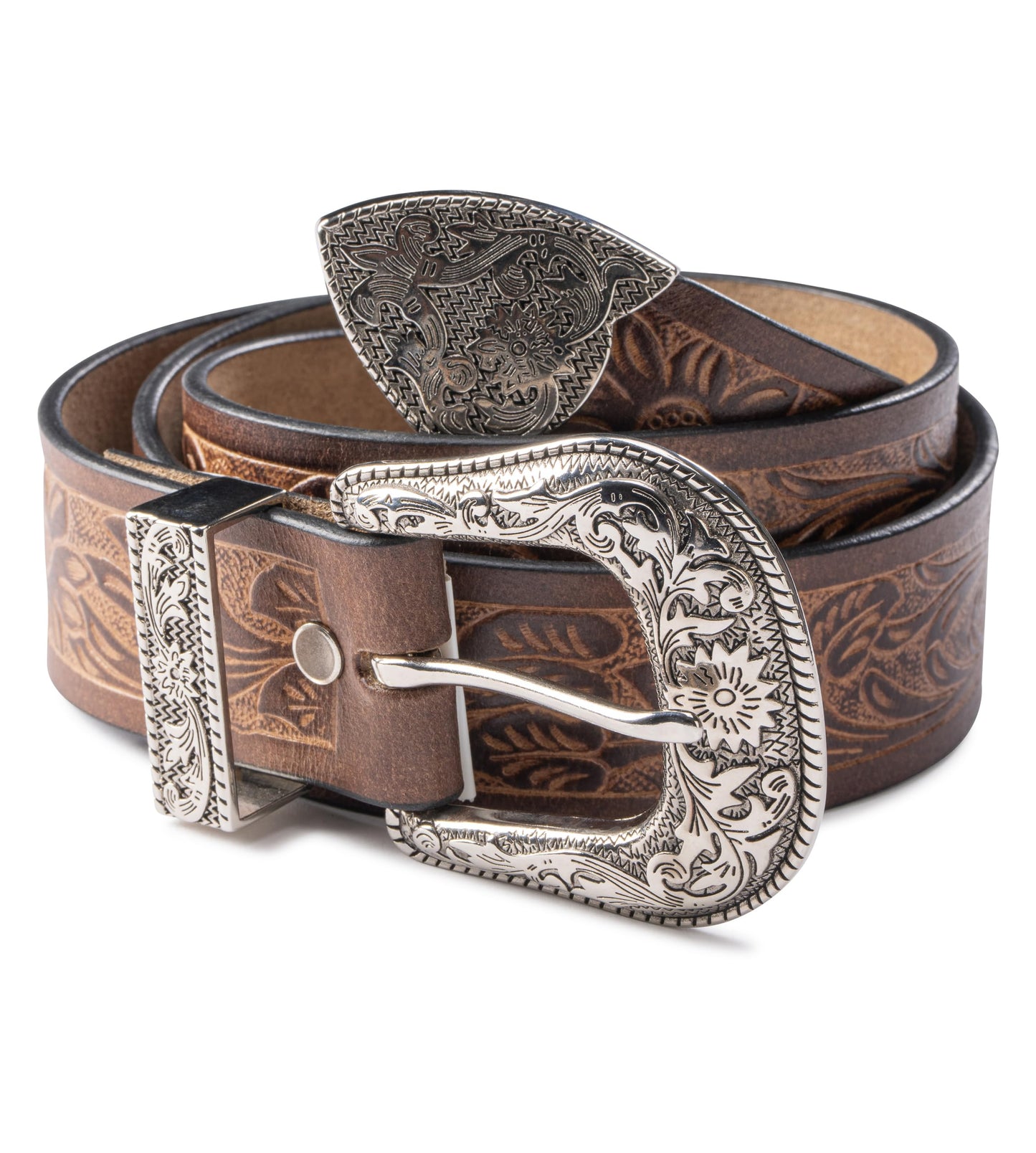 Angus Stoke western belt - Genuine buffalo leather - men's cowboy western & rodeo belt - hand-carved leather belt Jessy (Brown, 34-36")