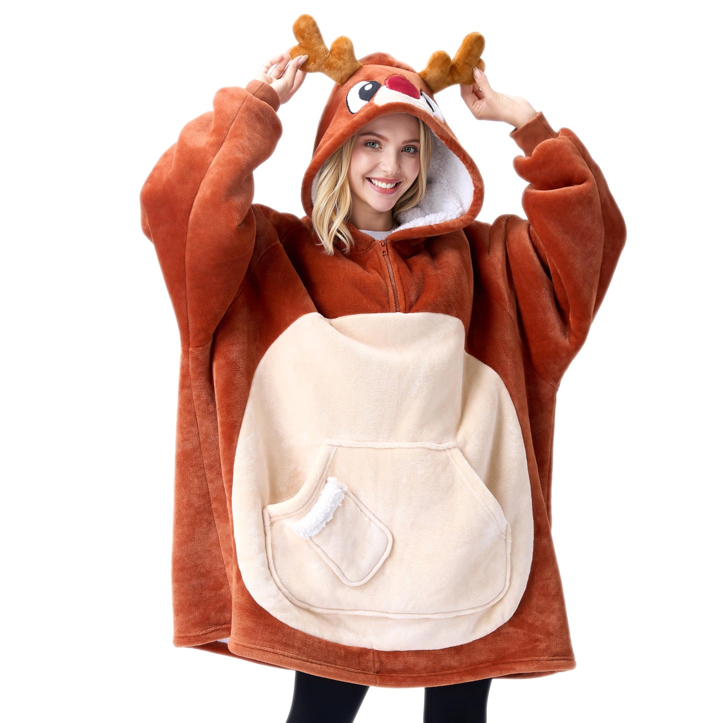 Giggling Getup Wearable Blanket Hoodie for Women Men Sherpa Fleece Hooded Blanket Sweatshirt Warm Cozy Sherpa Wearable Throw Oversized Hoodie with Giant Pocket & Sleeves for Adult Christmas Reindeer