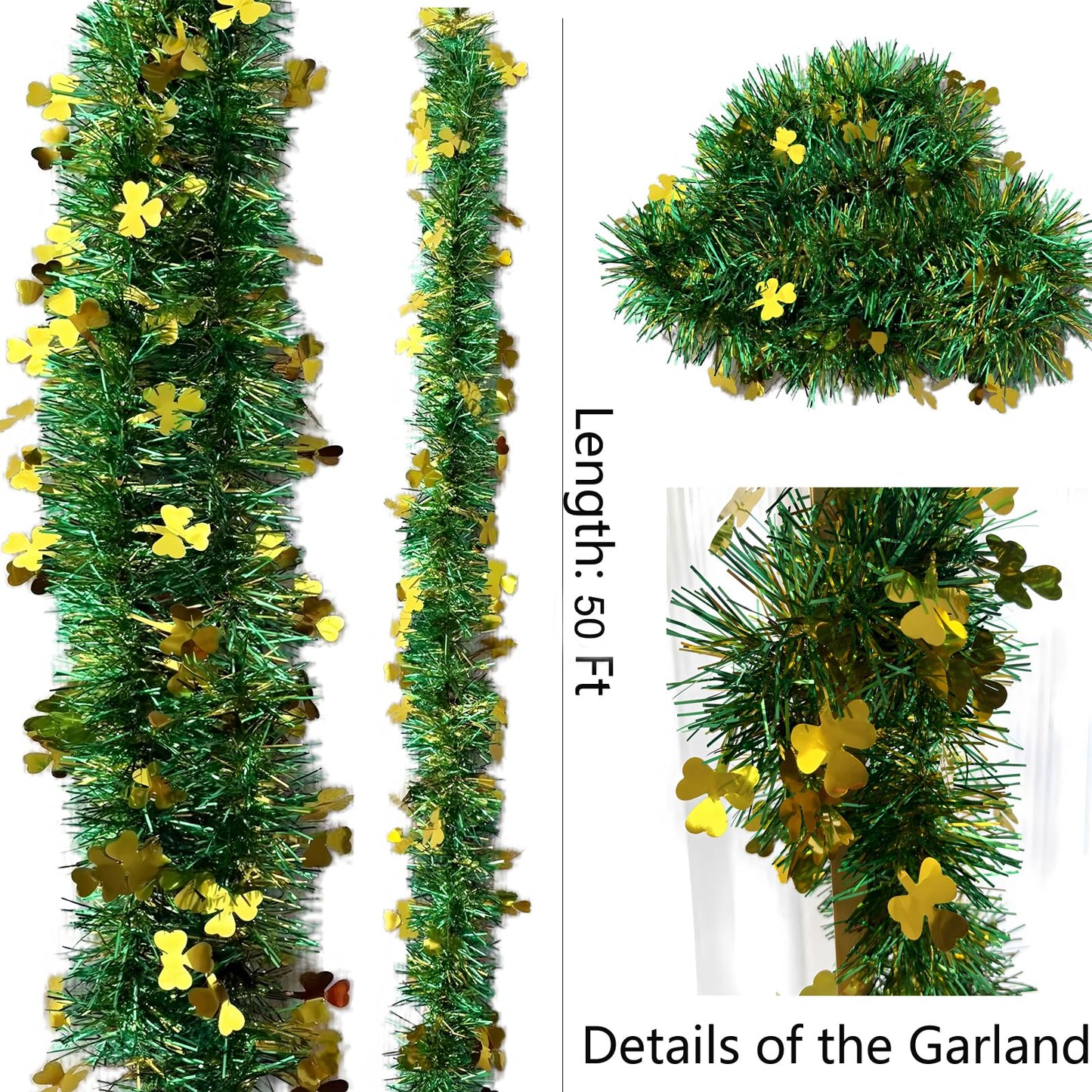 LKBBC St. Patrick Garland, 50 FT Green Gold Fringe Tinsel Garlands with Lucky Shamrock Clover Hanging Glitter Streamers for Irish Ireland Themed Party Home Decoration