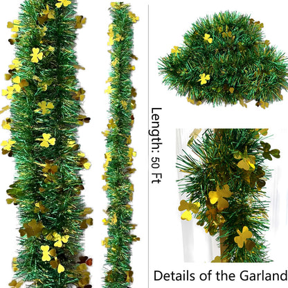 LKBBC St. Patrick Garland, 50 FT Green Gold Fringe Tinsel Garlands with Lucky Shamrock Clover Hanging Glitter Streamers for Irish Ireland Themed Party Home Decoration