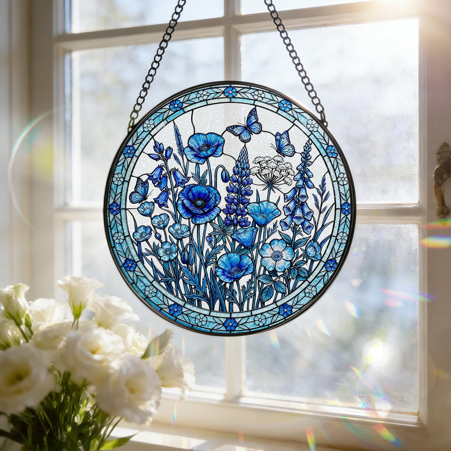Stained Glass Window Hanging, 7.8 Inch Blue Floral Stained Glass Sun Catcher, Suncatchers for Windows, Window Hanging Ornaments, Spring Gift for Mom, Garden Lover Gift, Mother's Day & Birthday Gift