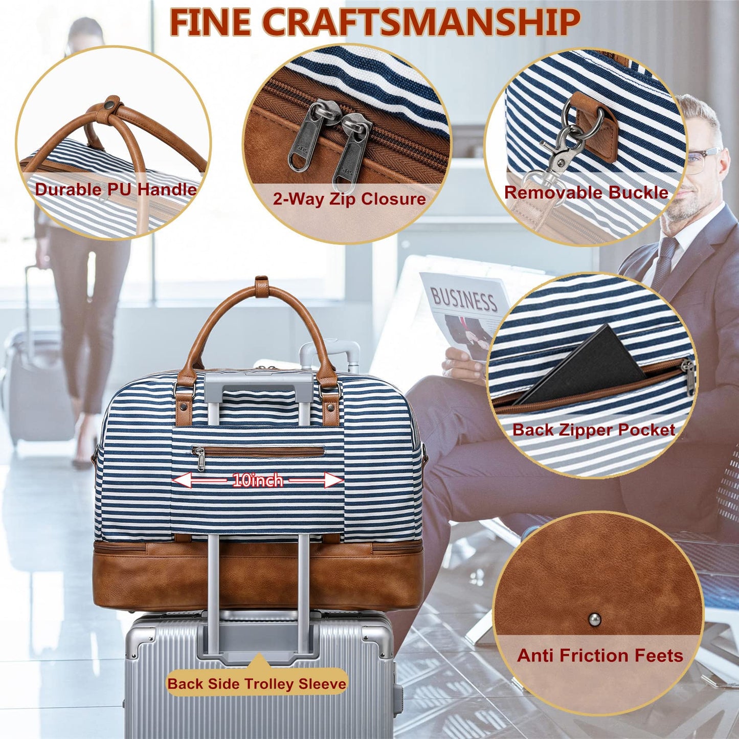 Wogarl 4PCS Weekender Bags for Women Large Overnight Bag Weekend Travel Duffel Bag Carry on Shoulder with Shoe Compartment Canvas Toiletry Bag for Travel Business Gym(Blue Striped)