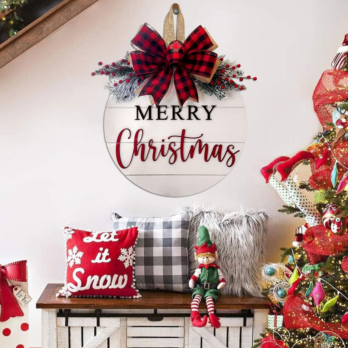 Merry Christmas Wreath Welcome Sign for Front Door, 11.8 inch Wooden Merry Christmas Sign for Holiday Rustic Farmhouse Front Door Porch Wall Window Outside Decorations (Merry Christmas-White)