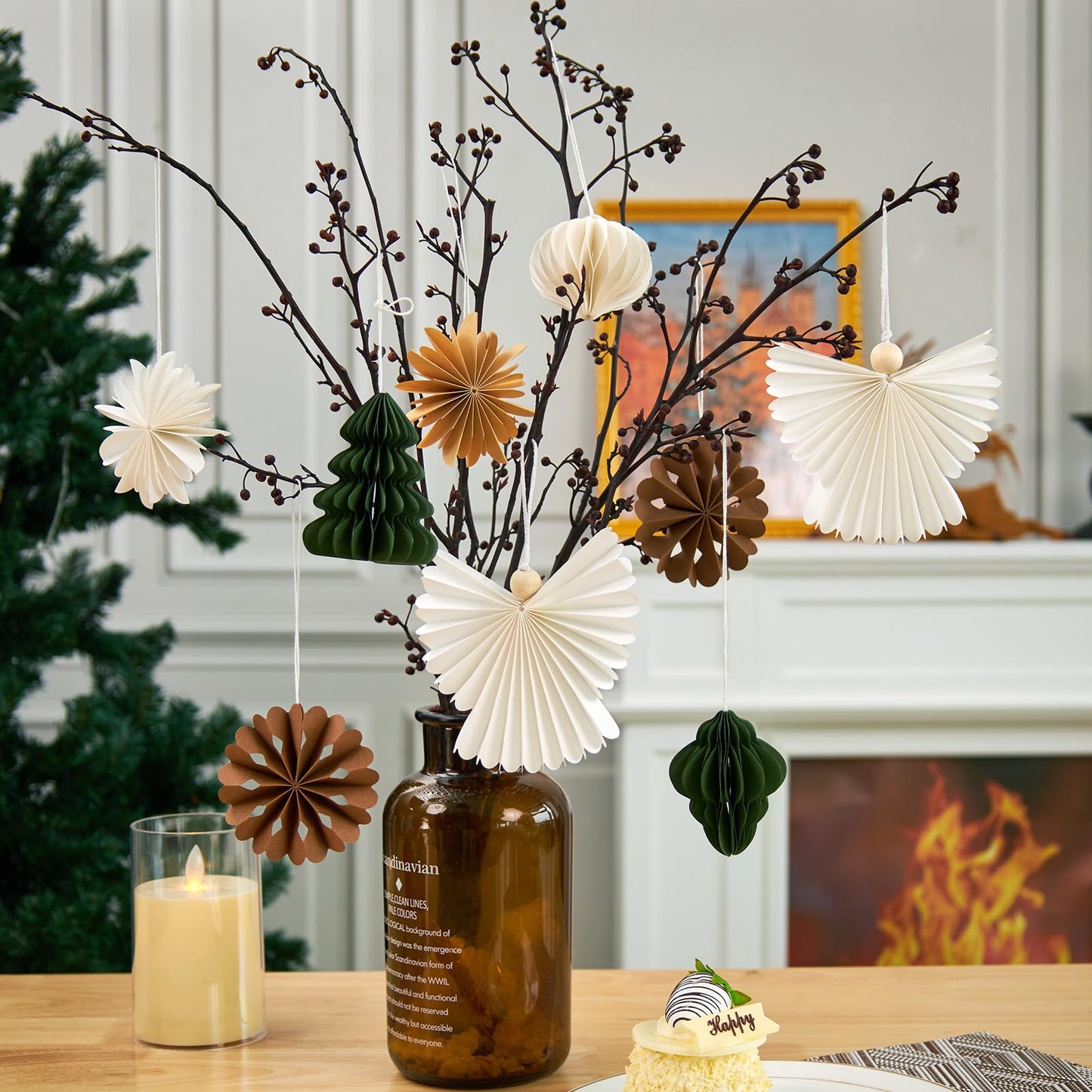 OBBOLO 9 Pcs Mini Paper Christmas Hanging Ornaments, Handcrafted with Carstock, White, Sage Green and Brown Decorative Paper Christmas Tree Ornament, for Xmas Holiday Party Home Tree Decor