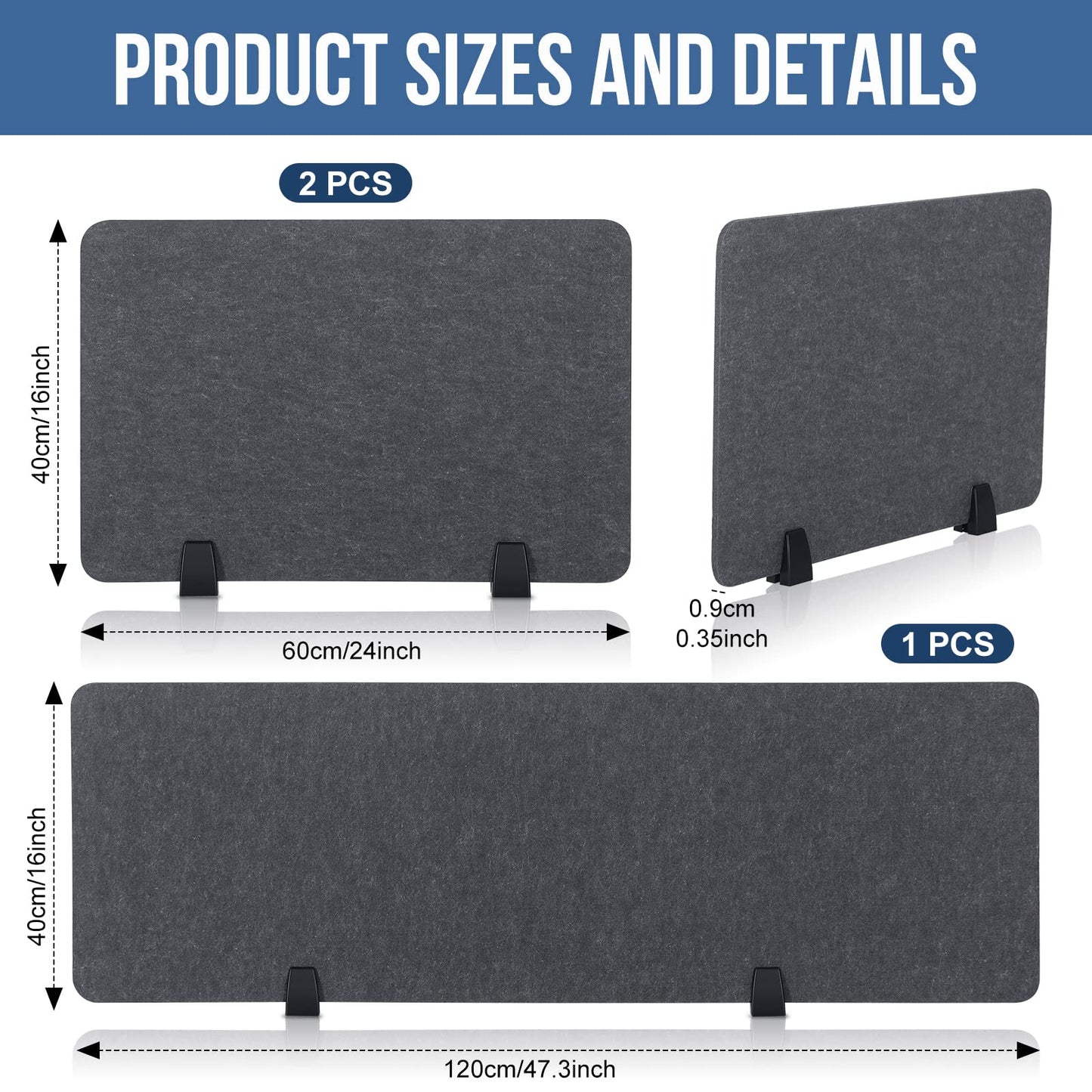 Yaomiao 3 Pcs Acoustic Desk Divider Soundproof Desk Privacy Panel Freestanding Desk Partitions Sound Absorbing for Students Office Reduce Noise Visual Distractions (47.3 x 16", 24 x 16", Dark Gray)