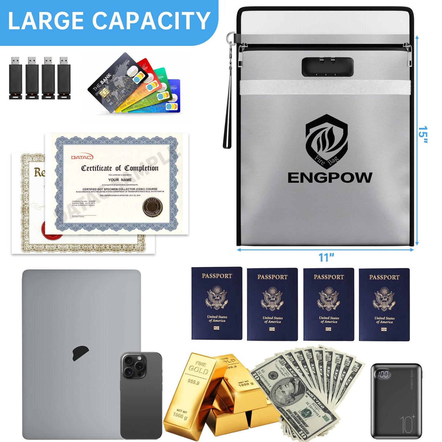 ENGPOW Fireproof Document Bag with Lock (5200℉),15”x 11” Fireproof Money Pouch with Zipper, Fireproof File Safe Storage Organizer Holder for Valuables,Cash,A4 Legal Important Documents and More