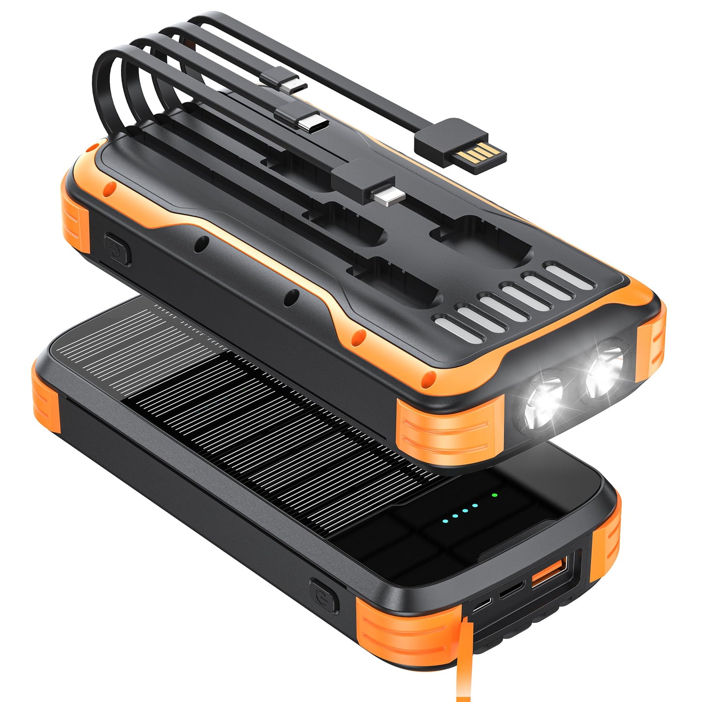 MINRISE Solar Charger Power Bank, 40000mAh Portable Phone Charger Built in 4 Cables with USB C in/Output, PD 20W Fast Charging Portable Charger, External Battery Pack with Dual Bright Flashlights
