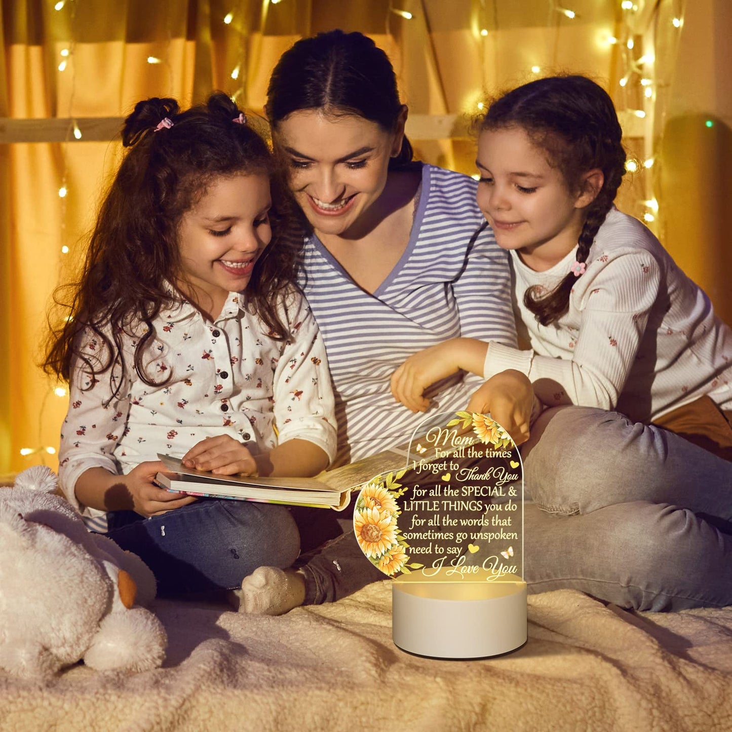 Jetec Mothers Day Birthday Gifts from Daughter Son Christmas Thank You Gift for Mom Sunflower Engraved Acrylic Heart Lamps USB Low Power Night Light Table Decor(Mom for All the Times)
