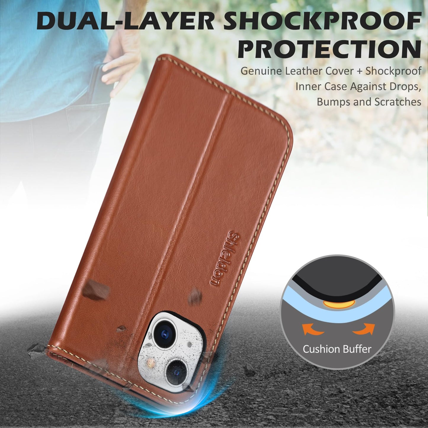 SHIELDON Wallet Case for iPhone 13 5G, Genuine Leather Folio Case Magnetic Shock Absorbing Cover RFID Blocking Credit Card Holder Kickstand Compatible with iPhone 13 6.1" 2021 - Retro Brown