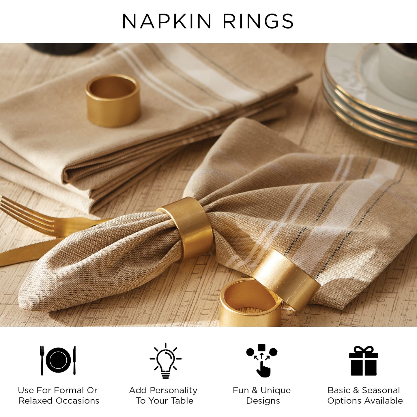 DII Decorative Assorted Silver Napkin Ring Set, One Size, Silver Textured Square, 6 Count